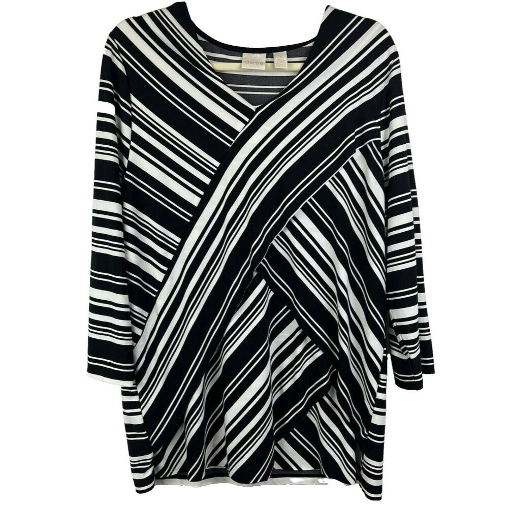 Chicos Tunic Top 3 US XL Black White Mixed‎ Print Layered 3/4 Sleeve Stretch Art